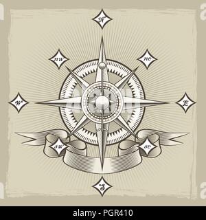 Retro compass rose drawn in engraving style. Vector illustration. Stock Vector