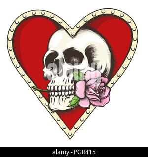 Human Skull with Rose flower in Red Heart Shaped Hole drawn in tattoo style. Vector illustration. Stock Vector