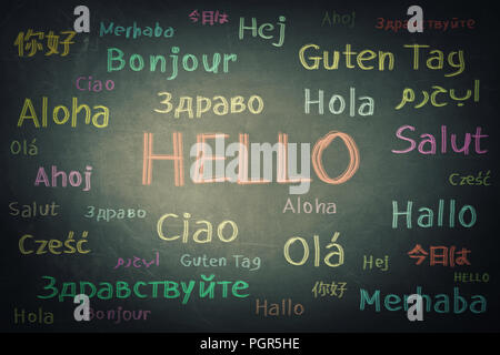 Blackboard background chalk written with the word hello in different languages and colors. Opportunity for learning many languages for students.