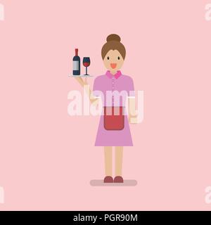 Waitress character cartoon. Pink collar worker in flat style Stock Vector