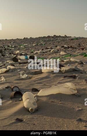A beach that is littered with plastic waste, plastic bottles, on a beach clean at Marsa Nakari, Egypt. Stock Photo