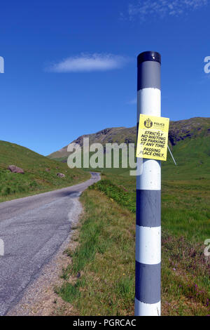 Passing place police sign - strictly no waiting or parking at any time notice on the single track roads on Mull, Inner Hebrides, Scotland Stock Photo