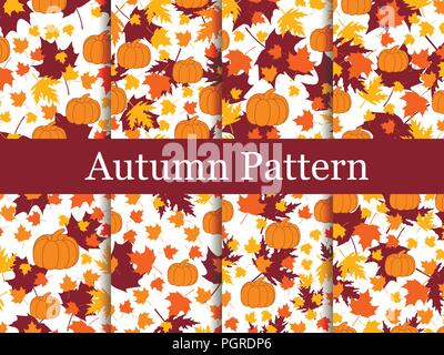 Set of seamless patterns of autumn themes. Yellowed leaves and pumpkins. Thanksgiving Day. Autumn background. Vector illustration Stock Vector