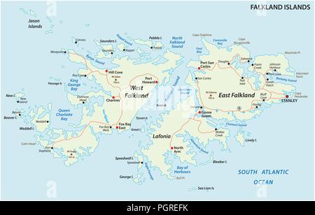 Falkland Islands, also Malvinas, political vector road map. Stock Vector