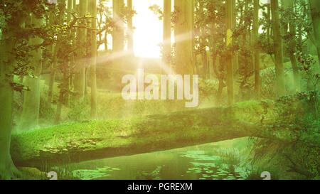 fallen tree, natural bridge in magical forest, intense sunshine in fantasy forest landscape Stock Photo