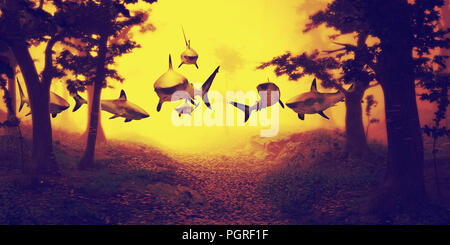 sharks swimming in forest, group of sharks flying in foggy fantasy landscape, surreal 3d rendering Stock Photo