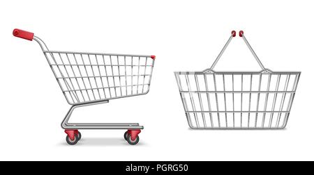 Empty metallic supermarket shopping cart side view isolated. Realistic supermarket basket, retail pushcart vector illustration Stock Vector