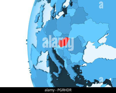 3D render of Hungary in red on blue political globe with transparent oceans. 3D illustration. Stock Photo