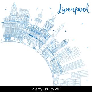 Outline Liverpool England Skyline with Blue Buildings and Copy Space. Vector Illustration. Stock Vector