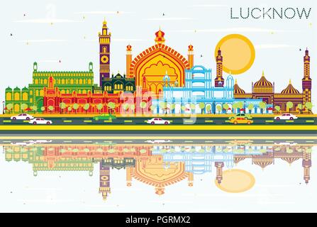 Lucknow India City Skyline with Gray Buildings, Blue Sky and Reflections. Vector Illustration. Stock Vector