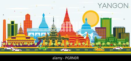 Yangon Myanmar City Skyline with Color Buildings and Blue Sky. Vector Illustration. Business Travel and Tourism Concept with Historic Architecture. Stock Vector