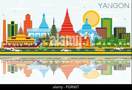 Yangon Myanmar City Skyline with Color Buildings, Blue Sky and Reflections. Vector Illustration. Stock Vector