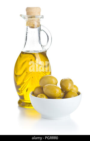 Green olives and olive oil isolated on white background. Stock Photo
