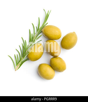 Green olives and rosemary branch isolated on white background. Stock Photo