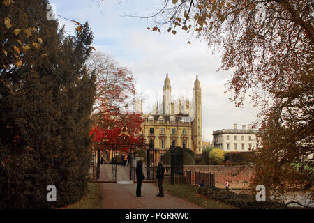 Clare College and King's College Chapel from the Backs, Cambridge, England, UK, with Clare Bridge in foreground: Autumn Stock Photo