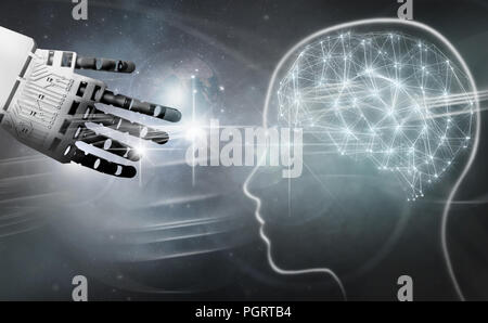 Robot hand reaching towards digital brain Stock Photo