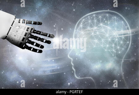 Robot hand reaching towards a brain Stock Photo