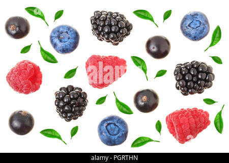 blackberry blueberry raspberry black currant with leaves isolated on white background. Top view. Flat lay pattern. Stock Photo