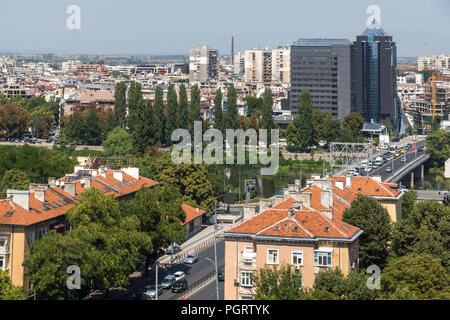 PLOVDIV, BULGARIA - SEPTEMBER 1, 2017: Panorama of central street Knyaz ...