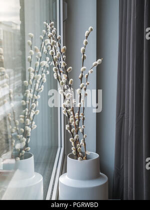 White Willow branches or twigs in a grey vase near a window at home. Scandinavian design. Stock Photo