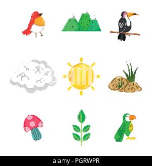 Set of nature pixelated icons Stock Vector