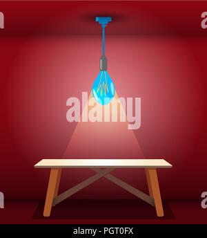 Modern LED ceiling lamp design above wooden table in a red room Stock Vector