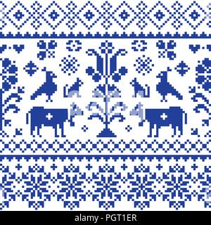Cross stitch vector seamless folk art pattern - repetitive background inspired Swiss old style retro embroidery with flowers and animals Stock Vector