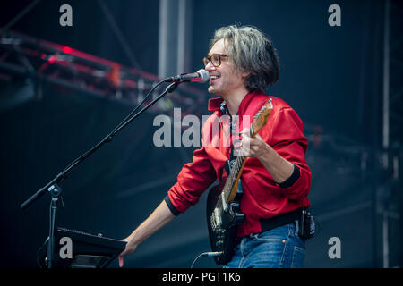 Norway, Bergen - June 15, 2018. The French indie pop band Phoenix performs a live concert during the Norwegian music festival Bergenfest 2018 in Bergen. Here musician Laurent Brancowitz is seen live on stage. (Photo credit: Gonzales Photo - Jarle H. Moe). Stock Photo