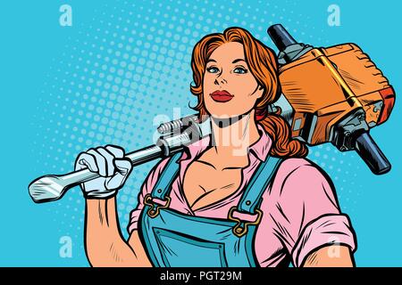 woman road worker Builder with jackhammer Stock Vector