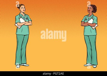 pop art Multi ethnic group. Two nurses. Medicine and health back Stock Vector