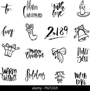 Christmas icons and words. Nice seasonal calligraphic artwork for greeting cards. Hand-drawn vector sketch. Stock Vector