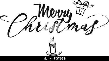 Merry Christmas lettering. Nice seasonal calligraphic artwork for greeting cards. Hand-drawn vector sketch. Stock Vector