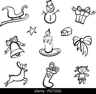 christmas icons drawings. Nice seasonal calligraphic artwork for greeting cards. Hand-drawn vector sketch. Stock Vector