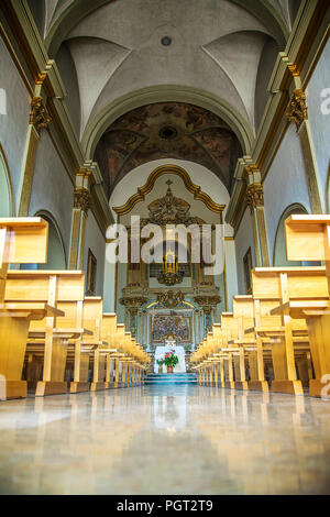 Sanctuary of Queralt interior. Benches aisle, the altar and some reflections. Empty copy space for Editor's text. Stock Photo