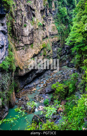 Vertical view of bottom of Enshi Mufu Grand Canyon on rainy day in Hubei China Stock Photo