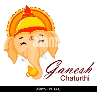 Happy Ganesh Chaturthi greeting card for traditional Indian festival. Face of Lord Ganesha in cartoon style. Vector illustration on white background. Stock Vector