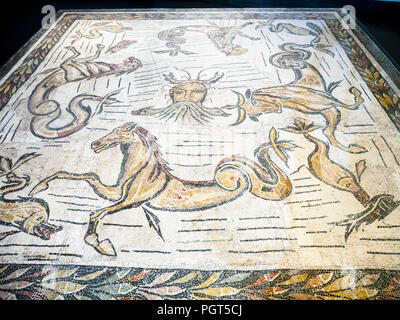 Floor mosaic with ocean and marine animals from the thermal baths of the Villa dei Severi in the locality of Baccano on the Via Cassia End of II - beginning of the III century AD  -  National Roman Museum in Palazzo Massimo alle Terme - Rome, Italy Stock Photo