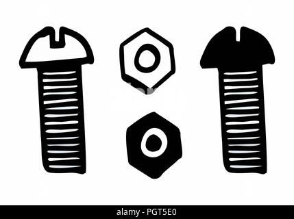 Hand-drawn style illustration of bolt and nut on white background Stock Vector