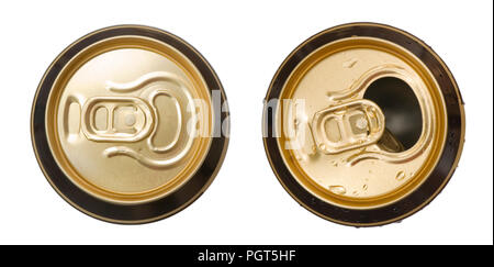Two closed and opened golden beer cans isolated on white background, top view Stock Photo