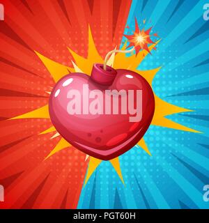 Heart,bomb illustration on the halftone background. Stock Vector