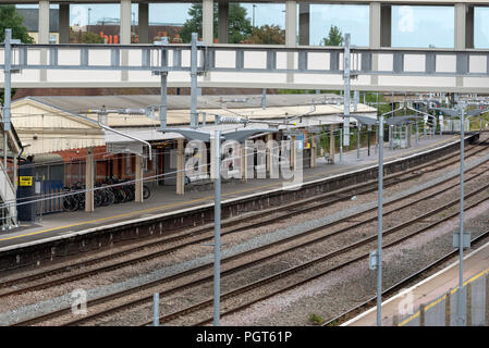 GWR railway electrification work has closed the station at Newbury in Berkshire UK. Overhead electric cables. Stock Photo