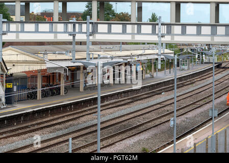 GWR railway electrification work has closed the station at Newbury in Berkshire UK. Overhead electric cables. Stock Photo