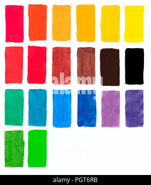 palette of gouache, all the colors of the rainbow colors list of colors squares, watercolor colors on paper Stock Photo