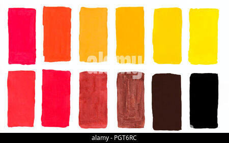 palette of warm colors watercolor,palette of gouache, all the of the rainbow colors list of colors squares, watercolor colors on paper Stock Photo