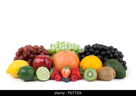 Assortment of fruit isolated on white background, grapes, citrus, berries, kiwi, avocado, apple, orange, lemon, lime Stock Photo