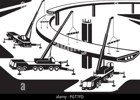Mobile cranes installing part of a bridge - vector illustration Stock Vector
