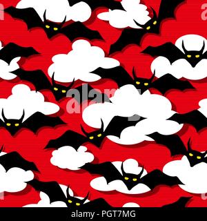 Bats flying through the clouds, Halloween seamlesss pattern. Stock Vector