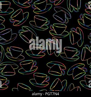 Tea cups seamless pattern over black background Stock Vector