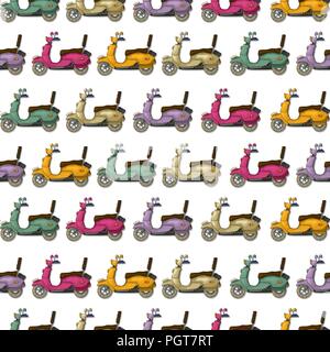 Cartoon style scooter seamless pattern in colors Stock Vector