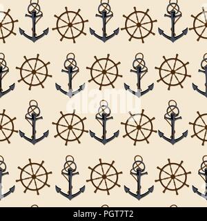 Anchor and steering wheel seamless nautical pattern Stock Vector